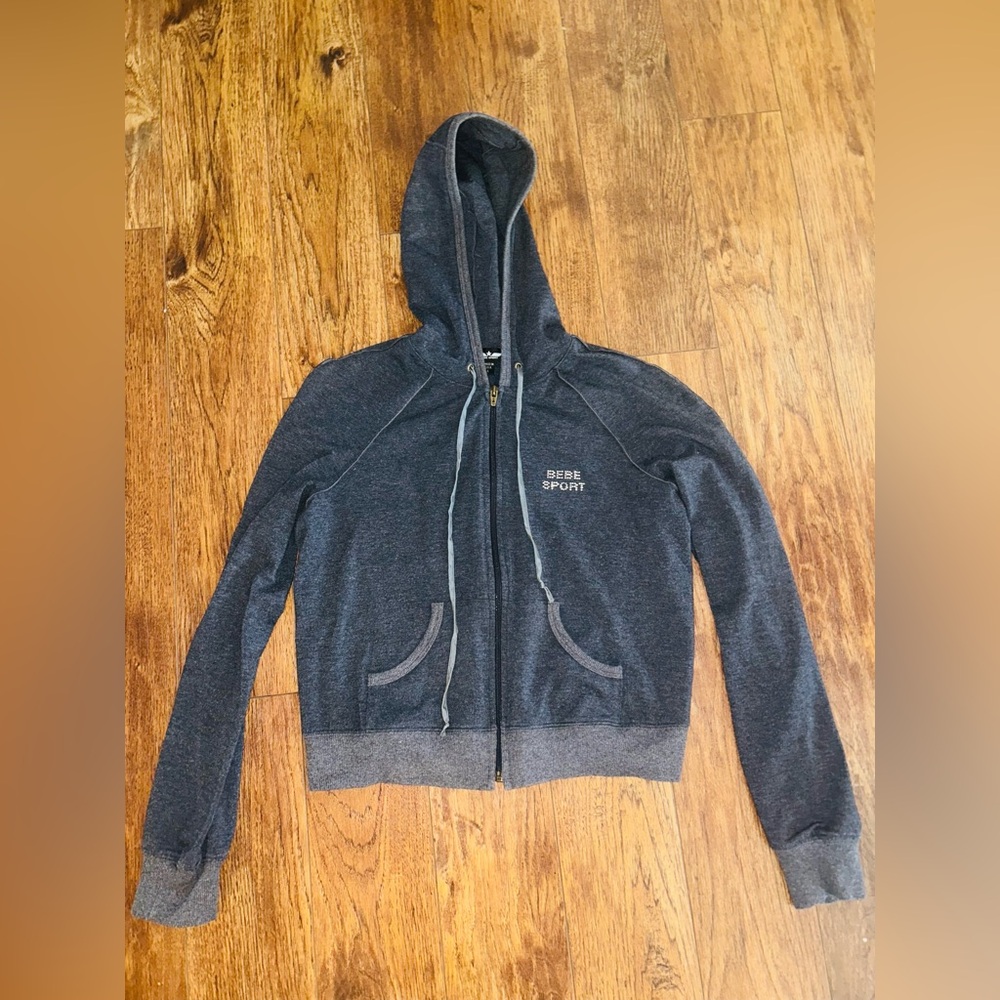Bebe Sport Gray Long Sleeve Zip Up Hooded Hoodie Y2K Vintage Large